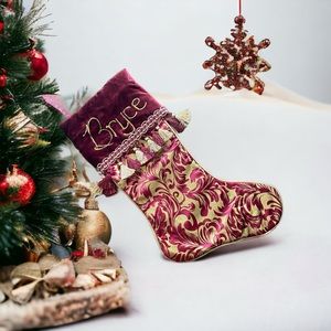 Personalized Christmas stocking “Bryce” burgundy and gold with tassels.